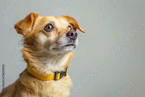 A dog wearing a yellow collar looking up. Generative AI.