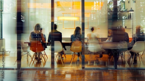 A meeting setting capturing focused business discussions inside a conference room, contrasted with the movement of coworkers outside in a blur, depicting office activity.