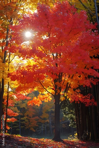 Captivating Autumn Landscape Vibrant Maple Tree in Glowing Forest