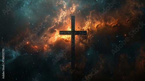 A sacred trinity of cross Bible and celestial heavens artfully rendered in 3D soaring through a digital sky