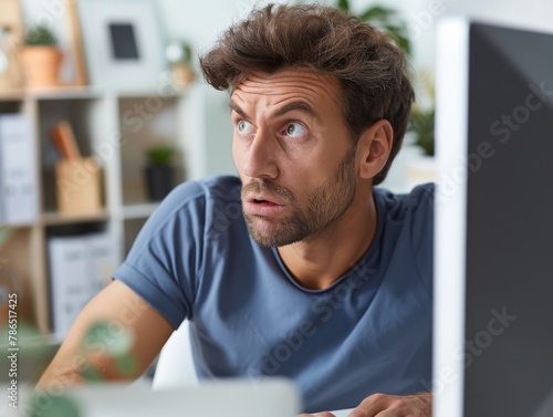 Portrait of confused man looking at computer screen. Puzzled employee, office worker, student or hipster feeling dumb and stupid trying to understand hard complicated stuff or fix PC software problem