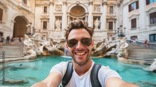 Happy young tourist taking selfie in front of Trevi Fountain during summer vacation in Italy - Happy man enjoying summertime holiday in Europe - Travel and technology life style concept
