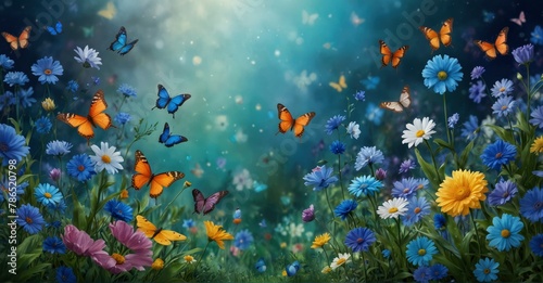 Vibrant spring garden backdrop featuring flowers, butterflies, and blossoms in blue hues, ideal for seasonal banners and nature-themed designs