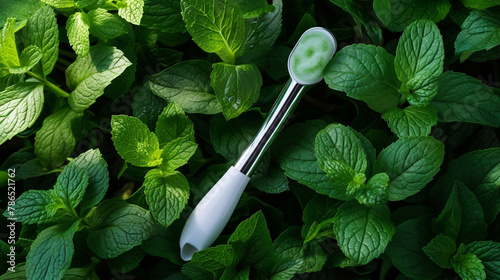 An ultra-realistic image of a derma roller lying on a bed of fresh mint leaves, emphasizing the natural and refreshing aspect of skin care routines.