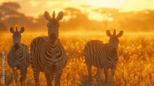 Plains Two Zebra (Equus Quagga) in the Grassy Nature Habitat with Evening Light in Lake Mburo NP in Uganda - Generative AI