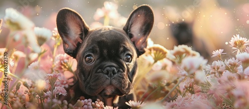 cute French Bulldog puppies among flowers. close up