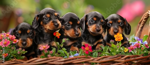 cute Dachshund puppies among flowers. close up 
