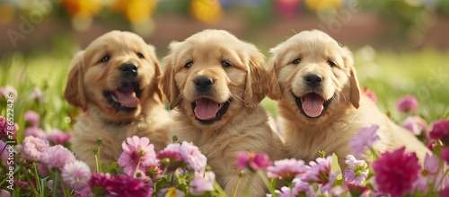 cute Golden Retriever puppies among flowers. close up 