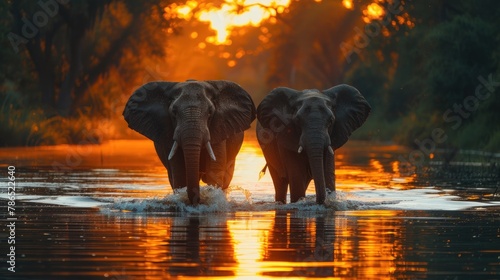 Africa Evening Elephant in the Water Reserve in Botswana Forest. Evening Light Sun Set. Magic Wildlife Scene in Nature. Two Elephants - Generative AI