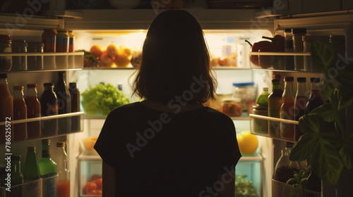 Woman Gazing into Illuminated Refrigerator at Night.