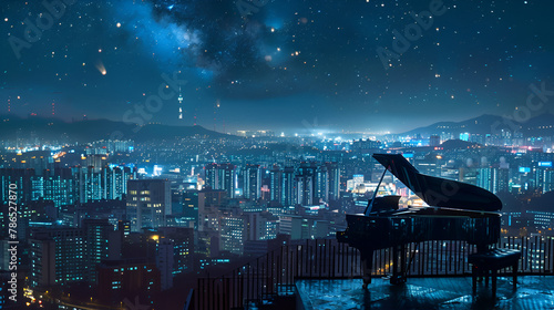 Grand Piano Atop Building with Cityscape Night View