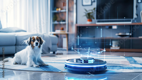 A curious puppy watches a robot vacuum cleaner in action, highlighting the interaction between pets and smart home devices. The concept of cleaning, cleanliness and hygiene in a modern home