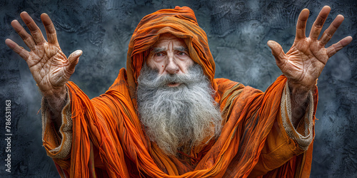 A man with long white hair and a beard is wearing an orange robe