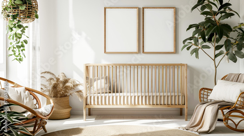 Photo of a modern interior design, three blank frames on the wall in the style of a baby room with a wooden crib and armchair, natural light, 3D rendering