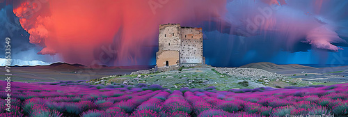 A beautiful purple field with a castle in the background