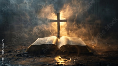 Sacred text lies open with a cross at its heart divine light illuminating its pages from the heavens above