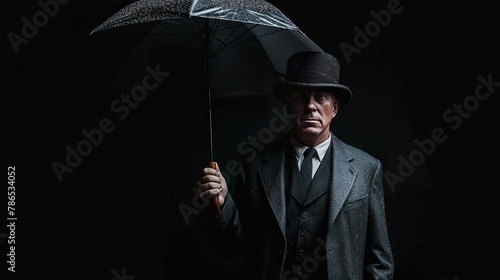 A man in a suit and bowler hat holds an umbrella against a black background, representing vintage style and retro fashion.