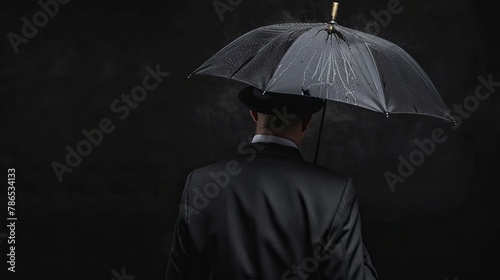 A man in a suit and bowler hat holds an umbrella against a black background, representing vintage style and retro fashion.