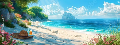 Craft a photorealistic digital rendering showcasing a panoramic view of a sandy beach, complete with a clipart beach bag bursting with essentials such as a floppy hat, a refreshing drink, and a good b
