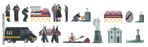 Funeral cemetery ceremony vector illustration set, grave and mourning people, coffin priest, funeral car, burial service