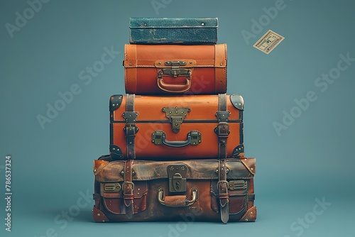 Create an advertising photograph of travel suitcases, passport and leather bag floating in the air on blue background.