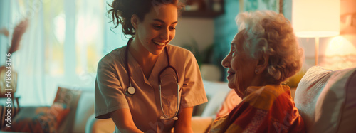 Nurse smiling at elderly woman at home, warm elderly care, healthcare and support concept. 