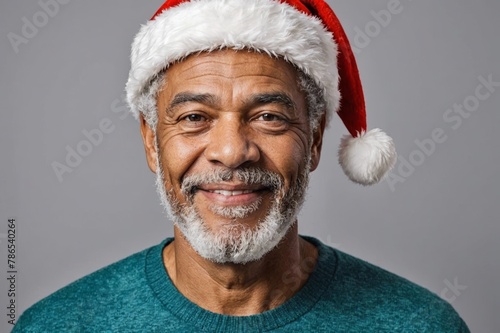 Happy senior biracial man in santa hat