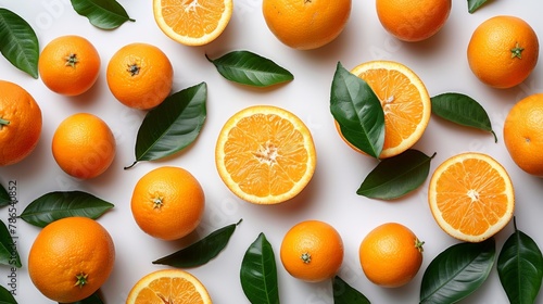An orange and leaf arrangement on a white background, viewed from the top
