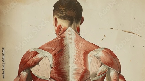 Diagram of a man's upper back, showing the blades, shoulder, and trapezius muscles.