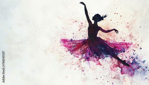 Capture the grace of ballet through a minimalist design, showcasing a panoramic view of a dancer in arabesque, with an unexpected overhead camera angle Using watercolor techniques