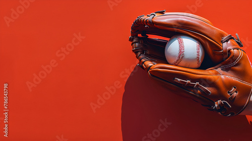 Baseball glove holding ball on red background, Generative Ai