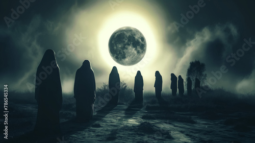 Mystical scene of cloaked figures standing in a row under a glowing full eclipse amidst misty clouds.