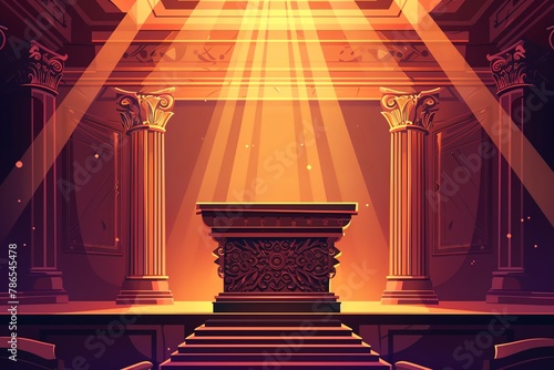 Illustrate a vector image featuring a high-end podium with intricate carvings under dramatic pixelated lighting for a public speaking event