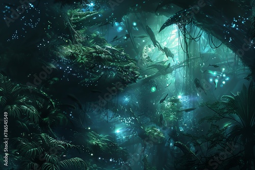 Illustrate an environmental backdrop of a lush alien jungle, featuring bioluminescent flora and fauna Integrate advanced extraterrestrial technology from a top-down angle, revealing hidden details and