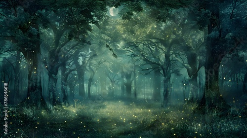 Enchanted Forest Glade Bathed in Ethereal Moonlight with Flickering Fireflies