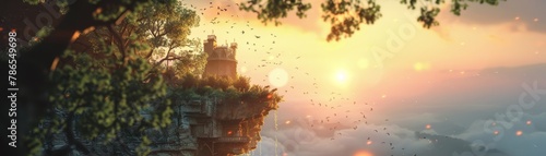 Castle aloft, tethered by vines, mystical climbers against sunset backdrop, evoke ethereal wonder