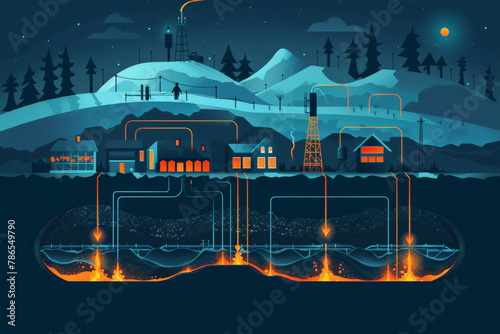 An infographic explaining how geothermal energy is harnessed from the Earth heat, geothermal energy production beneath snow-covered landscape with industrial structures.