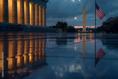 The Lincoln Memorial at dawn, with no people around, an American flag reflecting in the Reflecting Pool, a moment of solitude and remembrance, Memorial Day, patriotic, with copy sp