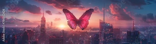 In a cityscape at dusk, whimsical cats with butterfly wings fly playfully, creating magic