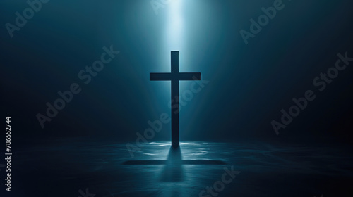 A dramatic image of a cross highlighted by a spotlight in a darkened environment, symbolizing faith and hope.