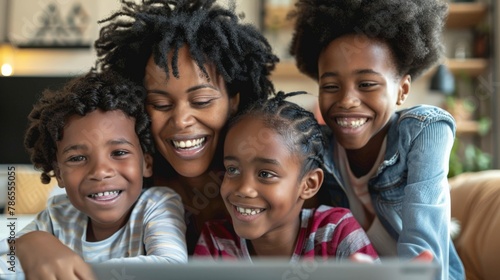 African American woman mother and children sitting together, staring intently at laptop screen. They seem engrossed in their studies or entertainment on the device