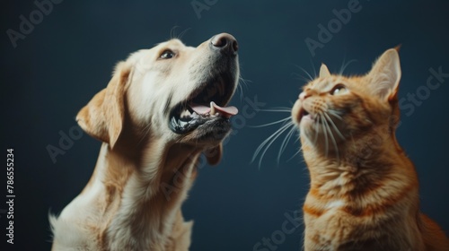 Friendly portrait a labrador retriever dog with ginger cat sitting together. AI generated image