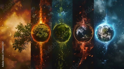 Five elements of nature air water fire earth space creation of natures force 