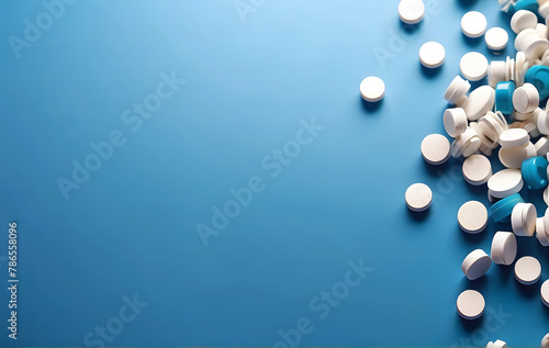 Abstract blue medical and pharmaceutical background design with pills, Pile of pills sitting on top of a blue table