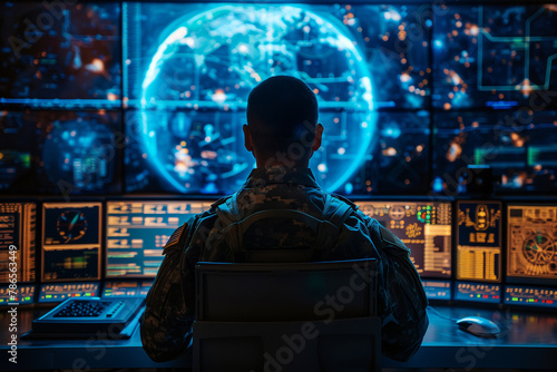 powerful portrayal of a military surveillance officer monitoring satellite imagery for strategic insights, highlighting the strategic importance of surveillance in military operati