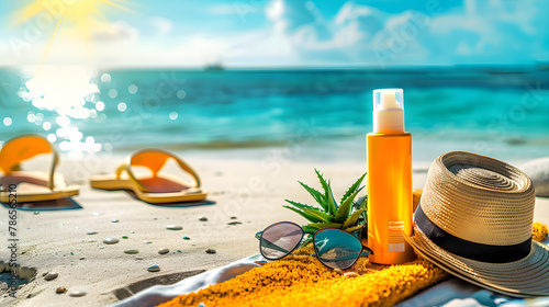 Sun Protection and Overexposure Treatment Methods: Sunscreen, After-sun Lotion, and Aloe Vera on the Beach
