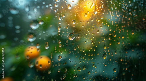 Macro illustration of raindrops on a windowpane. AI generate