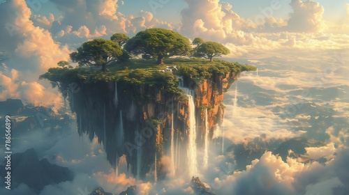 Surreal landscapes with floating islands and cascading waterfalls. AI generate illustration