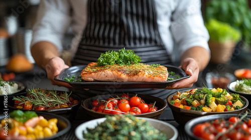 Sea cuisine, Professional cook prepares pieces of red fish, salmon, trout with vegetables.Cooking seafood, healthy vegetarian food and food on a dark background