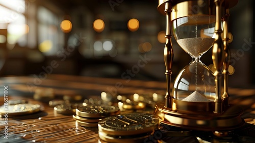 time is money concept with vintage hourglasses and golden coins on wooden table 3d illustration